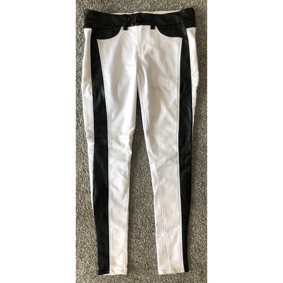 White Skinny Jeans with Black Faux Leather Trim - Picture 2 of 13